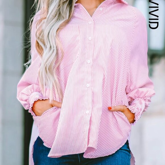 Blue & White Oversized Pinstriped Smocked Button-Up Shirt (XL / 1X) SO PRETTY! - Picture 7 of 14